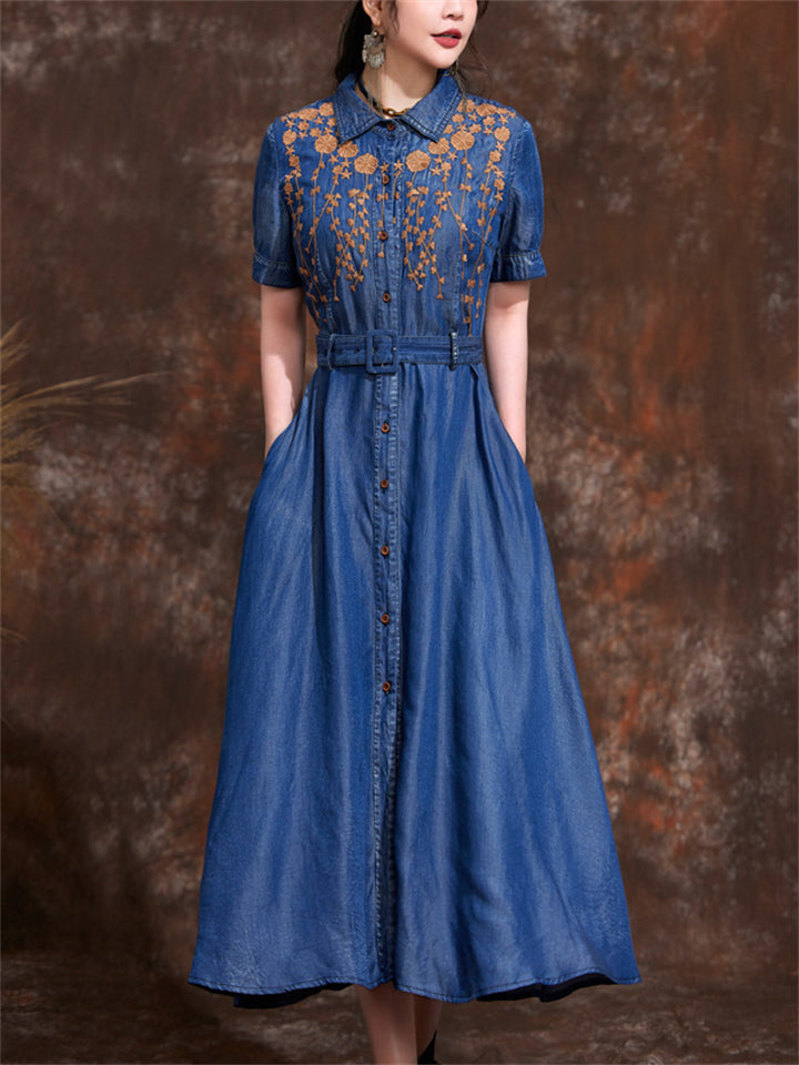 Women's Orange Leaf Embroidery Lapel Button Blue Denim Dress