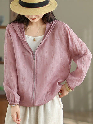 Women's Summer Embroidered Solid Color Long Sleeve Hooded Shirt