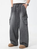 Men's Distressed Solid Color 3D Pockets Wide Leg Straight Jeans
