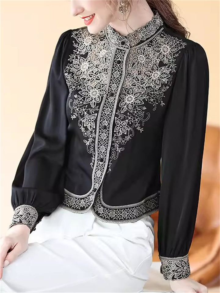 Women's Elegant Hollow Heavy Industry Embroidered Stand Collar Shirts