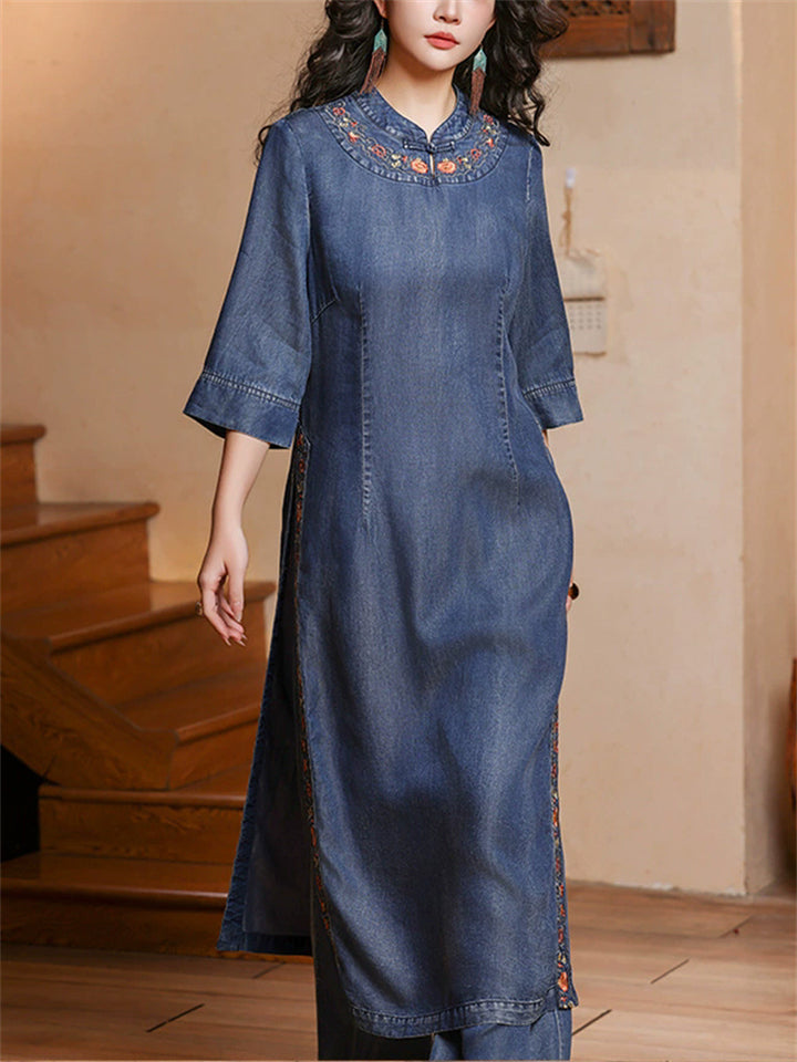 Women Ethnic Medium Long Sleeves Denim Cheongsam Style Top and Elastic Waist Pant Set