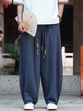Mens Japanese Style Cotton Linen Loose Fit Drawstring Wide Leg Pants
