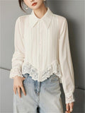 Women's White Chiffon Long Sleeve Lace Trim Shirt
