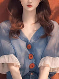 Women's Summer French Style Blue Lotus Leaf Short Sleeved Shirts
