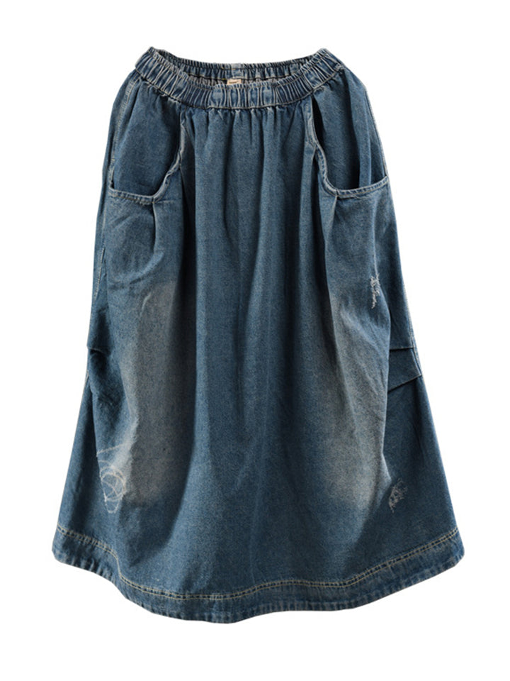 Retro Pocket Elastic Waist Blue Denim Skirt for Women – Cissot