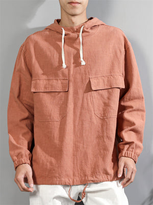 Men's Cool Linen Hooded Shirt with Pockets