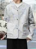 ‌Chinese Style Gray Printed Winter Coat with Faux Fur Trim for Men
