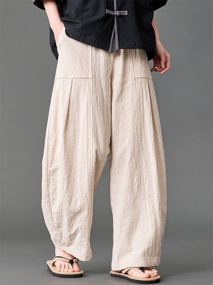 Mens Vintage Breathable Cotton Linen Wide Leg Baggy Loose Pants
