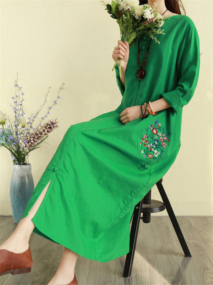 Women's Retro Ethnic Style Flower Embroidery Half Sleeve Long Dress