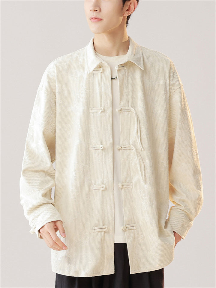 Chinese Style Frog Button Men's Lapel Print Long Sleeve Shirts