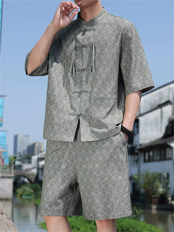 Men's Summer Vintage Chinese Style Short Sleeve Suit Set with Geometry Print