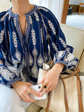 Women's Holiday Style Contrast Color Embroidered Long-sleeved Shirt