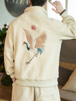 Men's Fluffy Faux Woolen Crane Embroidery Zipper Jacket