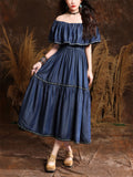 Romantic Off Shoulder Ruffles Patchwork Denim Dress for Women