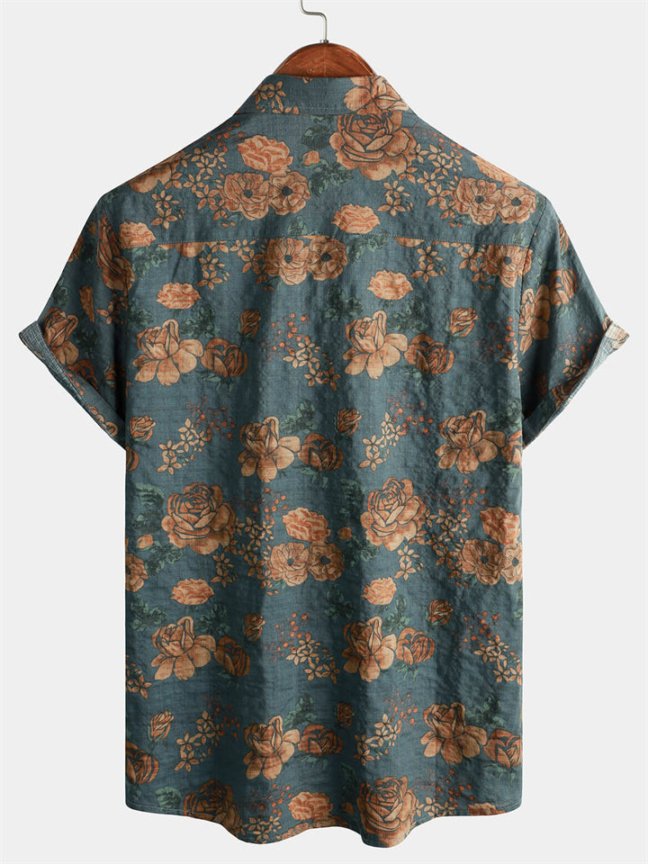 Men's Vintage Floral Print Button Up Holiday Short Sleeve Shirt