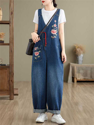Beautiful Chinese Style Peony Embroideried Female V Neck Jumpsuit