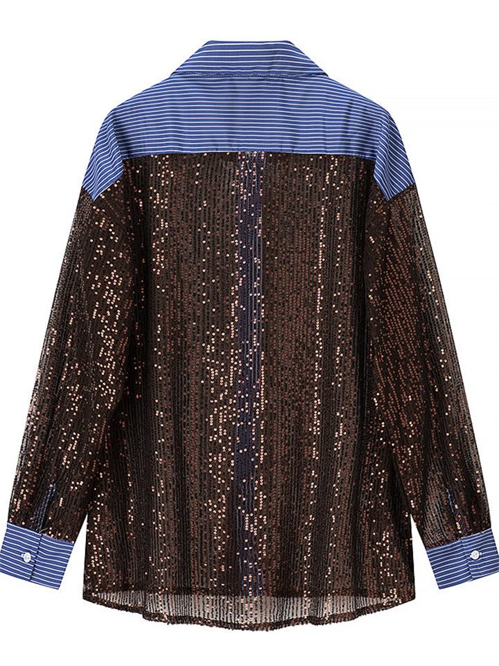 Women's Casual Contrast Color Sequin Lapel Shirts