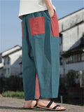 Mens Patchwork Color Block Cotton Linen Loose Harem Cropped Pants