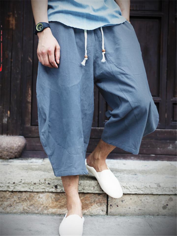 Men's Casual Comfy Drawstring Cotton Linen Cropped Pants
