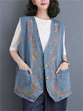 Women's Floral Embroidery Sleeveless V-Neck Denim Jacket