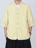 Men's Casual Simple Zen Style V Neck Frog Button Short Sleeve Shirts