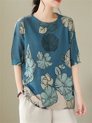 Casual Blue Lotus Print Cozy Linen T-shirts for Women