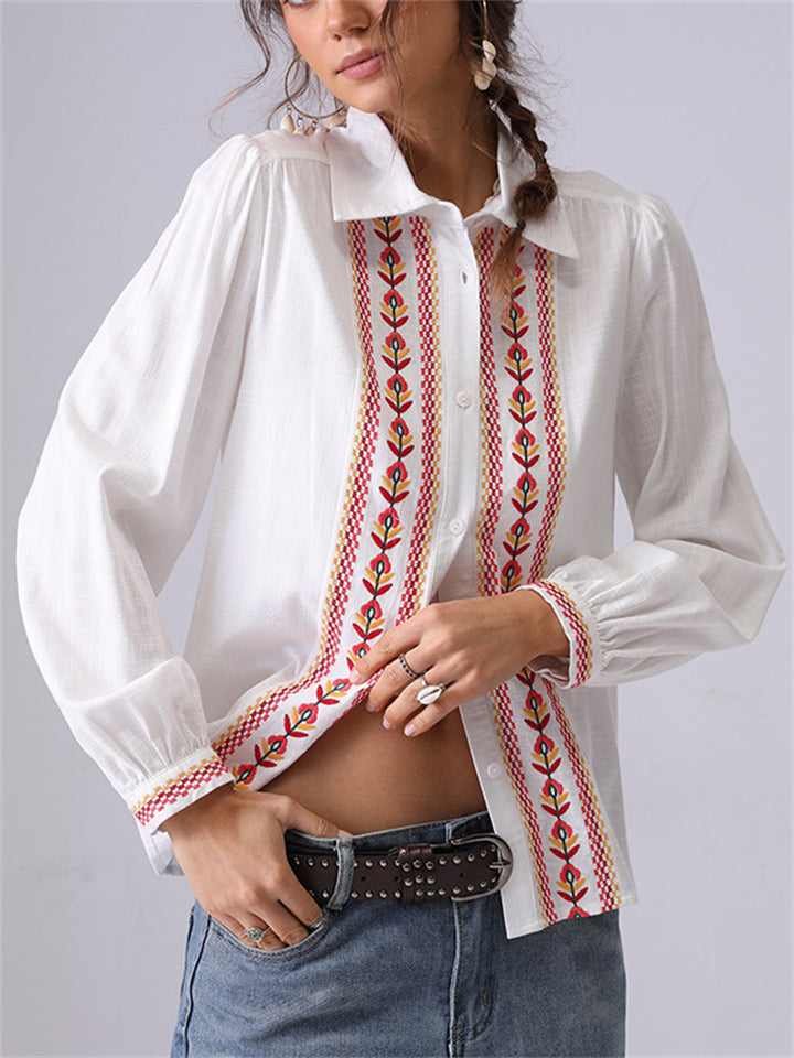 Women's French Style Embroidery Lapel Long Sleeve Shirt