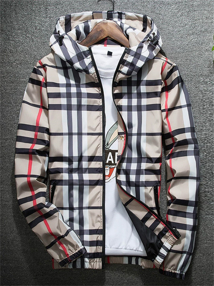 Men's Autumn Contrast Color Zip Up Plaid Hooded Long Sleeve Jackets
