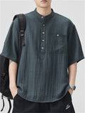 Men's Casual Stand Collar Solid Color Texture Short Sleeve Shirts