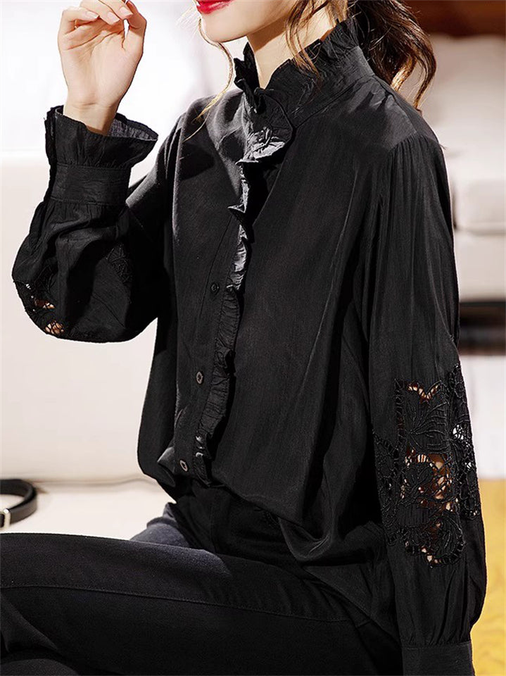 Korean Style Women's Long Sleeve Hollow Embroidery Shirts