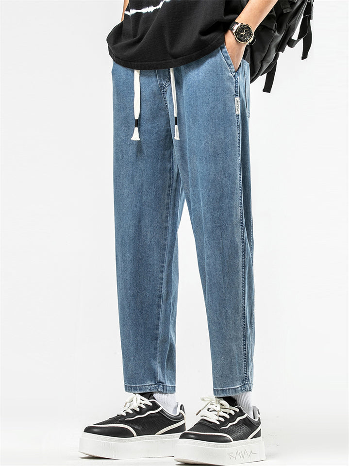Men Lyocell Drawstring Loose Fit Straight Leg Denim Cropped Pants