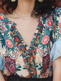 Summer Floral Print V-Neck Ruffled Sleeve Shirt for Women