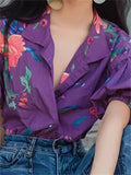 Summer Purple Floral Print V-Neck Puffed Sleeve Shirt for Women