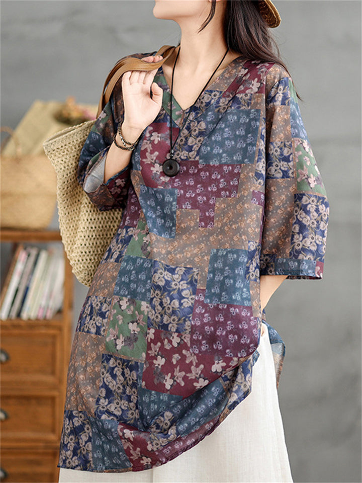 Summer Casual Ethnic Style V-neck Floral Print Shirts For Women