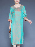 Women's Xiang Yunsha Mountain Print Contrast Trim O-neck 3/4 Sleeve Dress