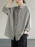 Women's Retro Patch Pocket Lapel Striped Casual Shirt