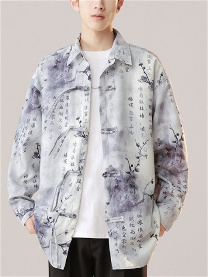Chinese Style Men's Plum Blossom Hanzi Print Lapel Long Sleeve Shirts