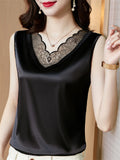 Summer Patchwork V Neck Satin Undershirt for Women