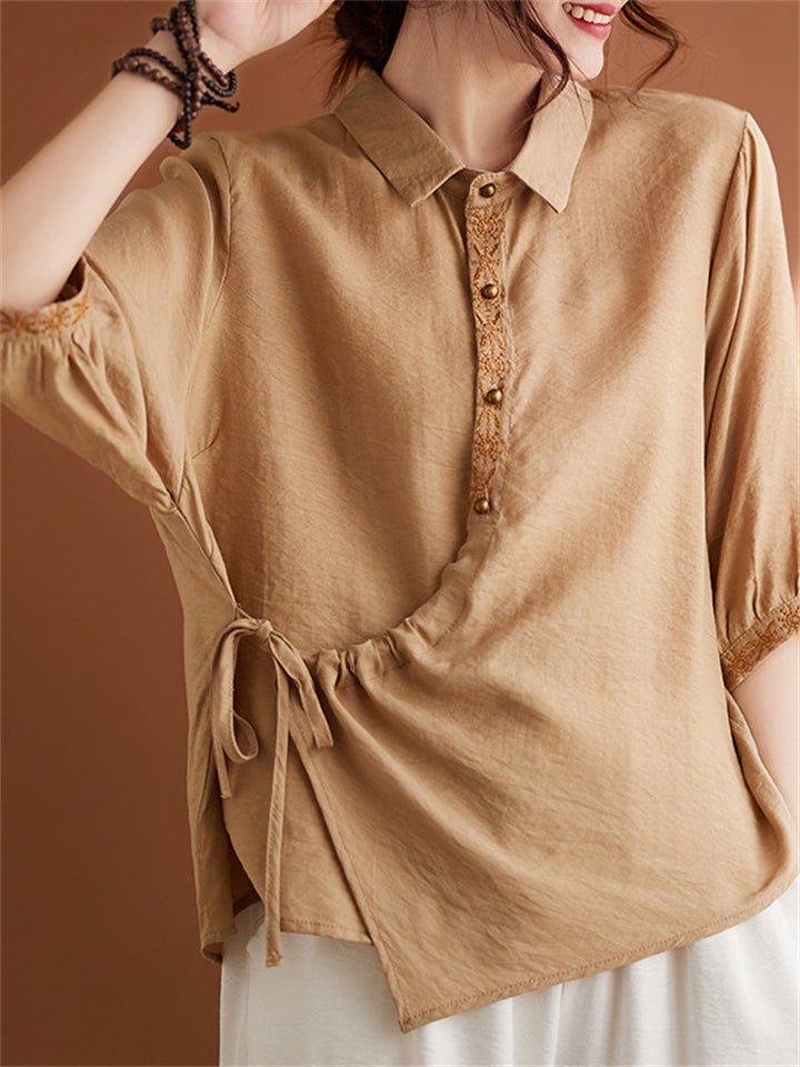 Women's Casual Embroidery Lapel Half Sleeve Shirts