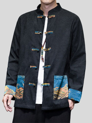 Contrast Color Print Pocket Knot Button Men's Tang Suit Jacket