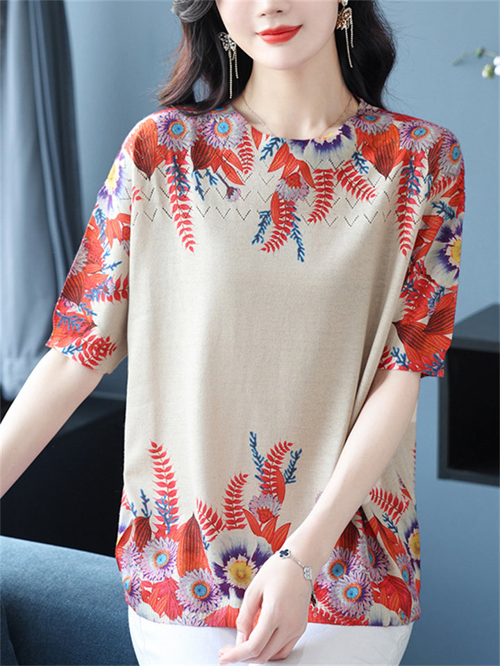 Women's Loose Floral Print Short Sleeve Knit T-Shirts