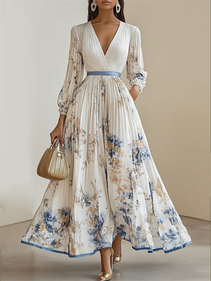 Women's Elegant White V-Neck Print Holiday Style Pleated Dress