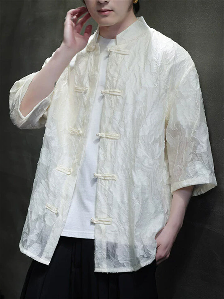 Men Chinese Style Summer Floral Jacquard Frog Button Short Sleeve Shirts