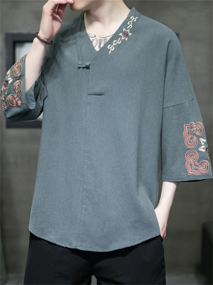 Men's Chinese Style Embroidered 3/4 Sleeve Hanfu TangSuit Shirt