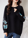 Women's Black Butterflies Embroidery Long Sleeve Pullover Sweatshirt