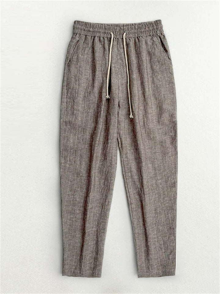 Mens Summer Striped Linen Blend Drawstring Cropped Beach Pants