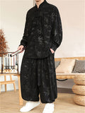 Oriental Corduroy Button Leaf Pattern Jacket  and Loose Drawstring Pants Set for Men