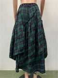 Women's Green Contrast Color Plaid Asymmetric Skirts