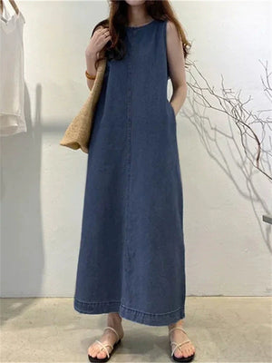Women's Sleeveless O-neck Denim Dress