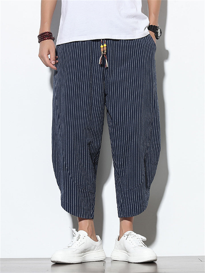 Men's Stylish Cozy Casual Plain & Striped Cotton Linen Cropped Pants